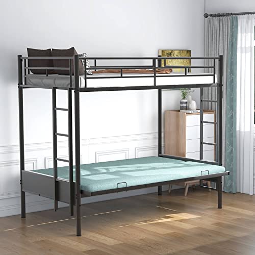 Epinki Twin Over Full Metal Bunk Bed, Multi-Function, Black, Bed Frame, Easy Assembly