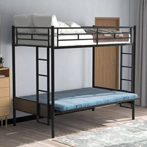 Epinki Twin Over Full Metal Bunk Bed, Multi-Function, Black, Bed Frame, Easy Assembly