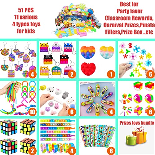 51 PCS Pop Party Favors Toys for Kids,Premium Pop Fidget Toys for All Ages Kids,Assortment Pinata Stuffers,Classroom prizes,Prize Box Toys,Goody Bag Fillers,Carnival Prizes for Boys and Girls 4-10