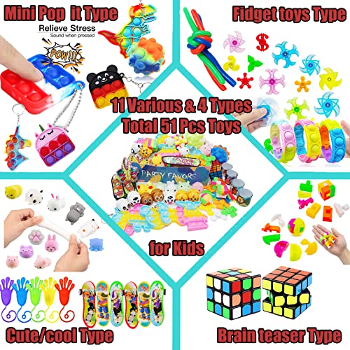 51 PCS Pop Party Favors Toys for Kids,Premium Pop Fidget Toys for All Ages Kids,Assortment Pinata Stuffers,Classroom prizes,Prize Box Toys,Goody Bag Fillers,Carnival Prizes for Boys and Girls 4-10