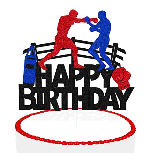 Boxing Cake Topper Bout Pugilist Infighter Beat Boxing Platform Punching Bag Glove Themed Men Kids Boy Girl Birthday Party Cake Decor Happy Bday Event Supplies Double Sided