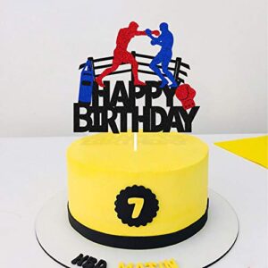 Boxing Cake Topper Bout Pugilist Infighter Beat Boxing Platform Punching Bag Glove Themed Men Kids Boy Girl Birthday Party Cake Decor Happy Bday Event Supplies Double Sided