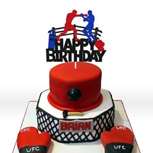 Boxing Cake Topper Bout Pugilist Infighter Beat Boxing Platform Punching Bag Glove Themed Men Kids Boy Girl Birthday Party Cake Decor Happy Bday Event Supplies Double Sided