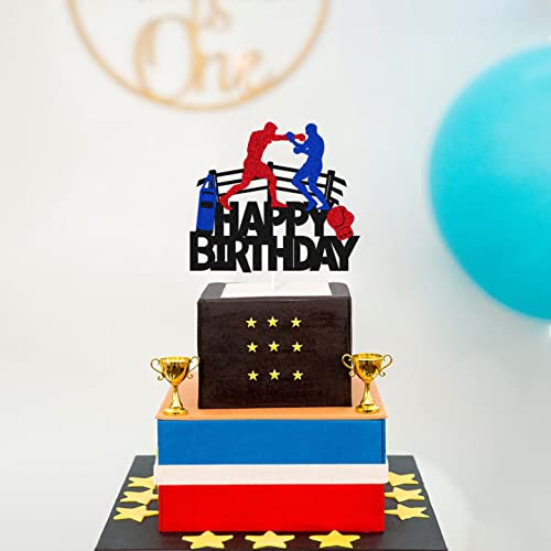 Boxing Cake Topper Bout Pugilist Infighter Beat Boxing Platform Punching Bag Glove Themed Men Kids Boy Girl Birthday Party Cake Decor Happy Bday Event Supplies Double Sided