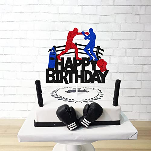 Boxing Cake Topper Bout Pugilist Infighter Beat Boxing Platform Punching Bag Glove Themed Men Kids Boy Girl Birthday Party Cake Decor Happy Bday Event Supplies Double Sided