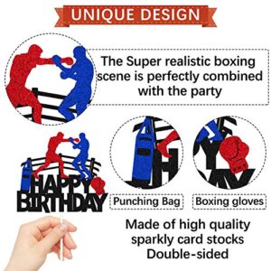 Boxing Cake Topper Bout Pugilist Infighter Beat Boxing Platform Punching Bag Glove Themed Men Kids Boy Girl Birthday Party Cake Decor Happy Bday Event Supplies Double Sided