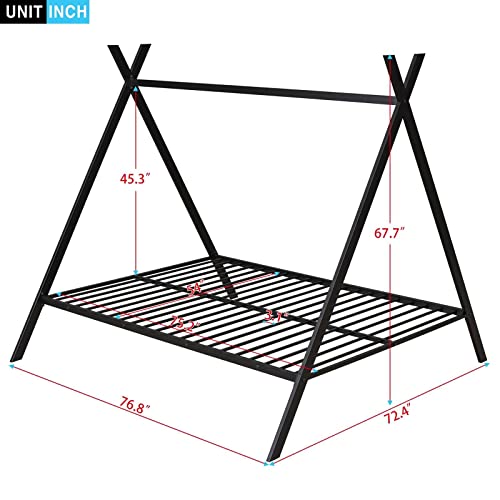 Epinki House Bed Tent Bed Frame Full Size Metal Floor Play House Bed with Slat for Kids Girls Boys, No Box Spring Needed Black