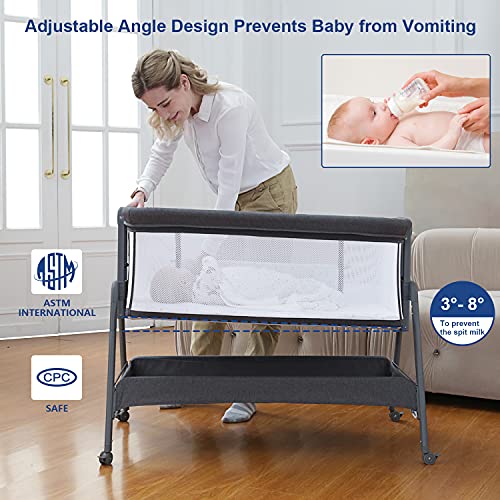 ANGELBLISS Baby Bassinet Bedside Crib with Storage Basket and Wheels, Easy Folding Bed Side Sleeper Adjustable Height Portable Crib for Newborn