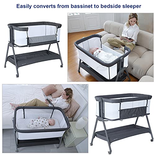 ANGELBLISS Baby Bassinet Bedside Crib with Storage Basket and Wheels, Easy Folding Bed Side Sleeper Adjustable Height Portable Crib for Newborn