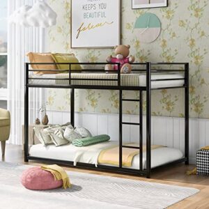 epinki metal bunk bed, twin over twin, low bunk bed with ladder, black bed frame, easy assembly