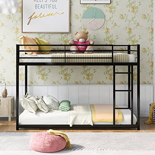 Epinki Metal Bunk Bed, Twin Over Twin, Low Bunk Bed with Ladder, Black Bed Frame, Easy Assembly