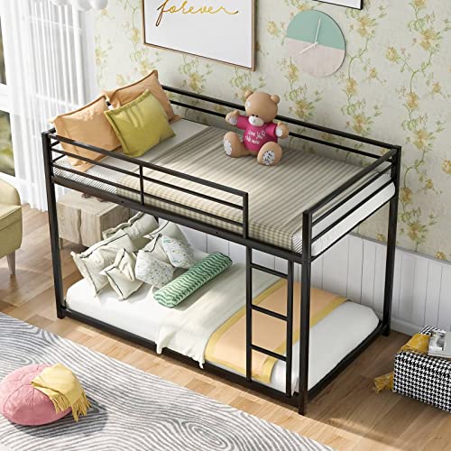 Epinki Metal Bunk Bed, Twin Over Twin, Low Bunk Bed with Ladder, Black Bed Frame, Easy Assembly