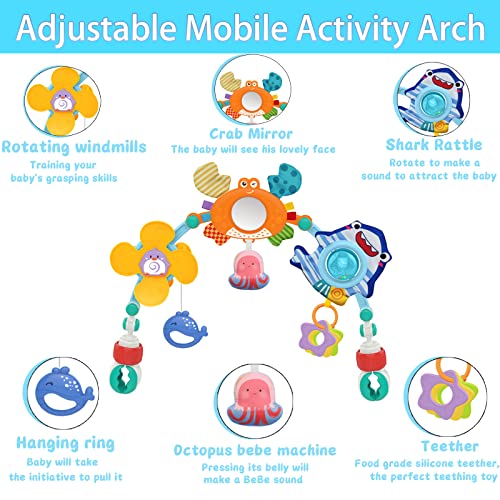 FBesteam Baby Stroller Arch Toy - Infant Car Seat Toys Adjustable Mobile Activity Arch with Play Accessories, Sensory Travel Crib Bouncer Bassinet Toys for Toddler Boy Girl 0 3 6 9 12 24 Months (Crab)