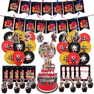 98 pcs birthday party decorations, theme party supplies include 1 banner, 1 cake topper, 12 cupcake toppers, 18 balloons, 6 hanging swirls, 10 invitation cards, 50 stickers