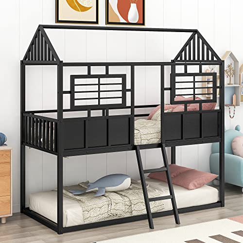 BIADNBZ Twin Over Twin Metal Bunk Bed House Shaped, Sturdy Low Bunkbed Frame with Roof and Fence-Shaped Guardrail, for Kids Boys Girls, Black