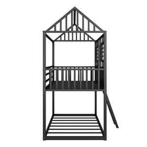 BIADNBZ Twin Over Twin Metal Bunk Bed House Shaped, Sturdy Low Bunkbed Frame with Roof and Fence-Shaped Guardrail, for Kids Boys Girls, Black