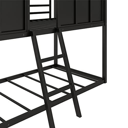 BIADNBZ Twin Over Twin Metal Bunk Bed House Shaped, Sturdy Low Bunkbed Frame with Roof and Fence-Shaped Guardrail, for Kids Boys Girls, Black