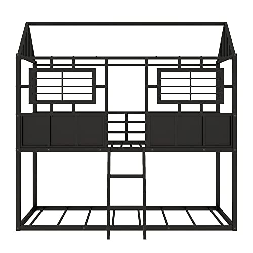 BIADNBZ Twin Over Twin Metal Bunk Bed House Shaped, Sturdy Low Bunkbed Frame with Roof and Fence-Shaped Guardrail, for Kids Boys Girls, Black