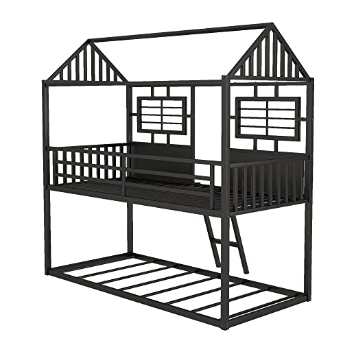 BIADNBZ Twin Over Twin Metal Bunk Bed House Shaped, Sturdy Low Bunkbed Frame with Roof and Fence-Shaped Guardrail, for Kids Boys Girls, Black