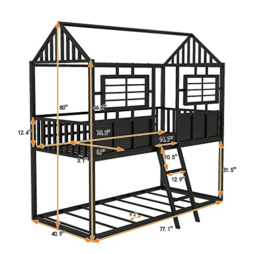 BIADNBZ Twin Over Twin Metal Bunk Bed House Shaped, Sturdy Low Bunkbed Frame with Roof and Fence-Shaped Guardrail, for Kids Boys Girls, Black