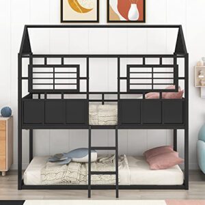 BIADNBZ Twin Over Twin Metal Bunk Bed House Shaped, Sturdy Low Bunkbed Frame with Roof and Fence-Shaped Guardrail, for Kids Boys Girls, Black