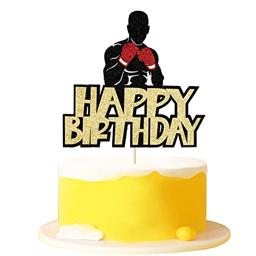 Happy Birthday Cake Topper，Black Glitter Boxing Cake Decorations，Sports Birthday Theme Party Cake Decoration Supplies