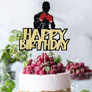 Happy Birthday Cake Topper，Black Glitter Boxing Cake Decorations，Sports Birthday Theme Party Cake Decoration Supplies