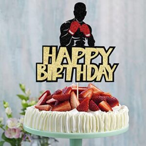 Happy Birthday Cake Topper，Black Glitter Boxing Cake Decorations，Sports Birthday Theme Party Cake Decoration Supplies