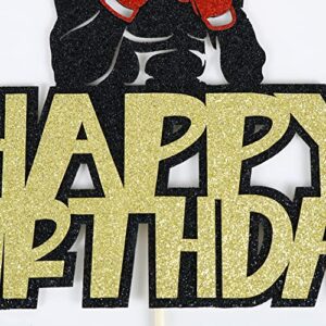 Happy Birthday Cake Topper，Black Glitter Boxing Cake Decorations，Sports Birthday Theme Party Cake Decoration Supplies