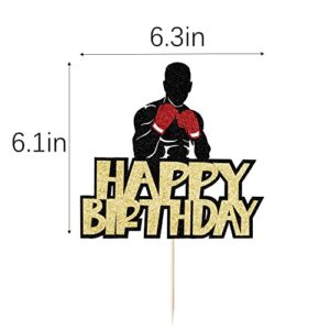 Happy Birthday Cake Topper，Black Glitter Boxing Cake Decorations，Sports Birthday Theme Party Cake Decoration Supplies