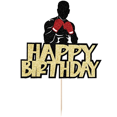 Happy Birthday Cake Topper，Black Glitter Boxing Cake Decorations，Sports Birthday Theme Party Cake Decoration Supplies