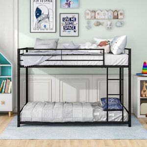 karhibly metal bunk bed twin over twin, low bunk bed with metal frame and ladder, no box spring needed,twin bed frame for boys and girls, black