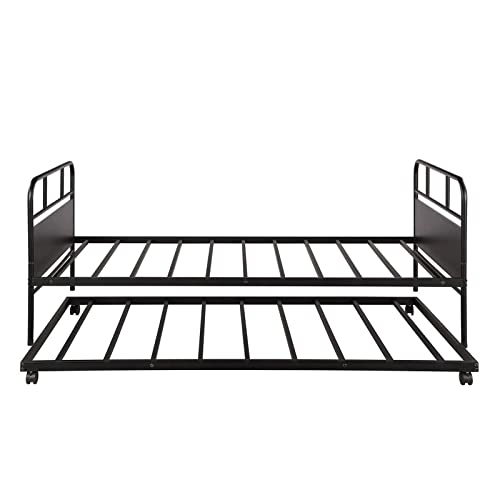 Epinki Metal Daybed Platform Bed Frame with Trundle Built-in Casters, Twin Size, Black, Easy Assembly