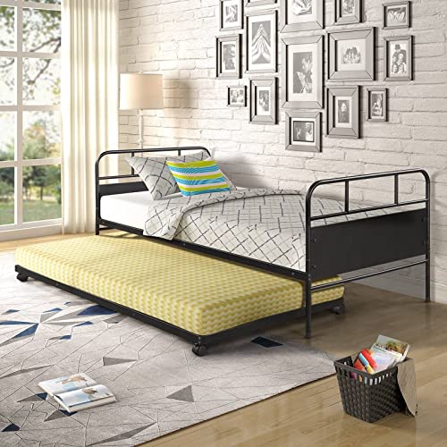 Epinki Metal Daybed Platform Bed Frame with Trundle Built-in Casters, Twin Size, Black, Easy Assembly