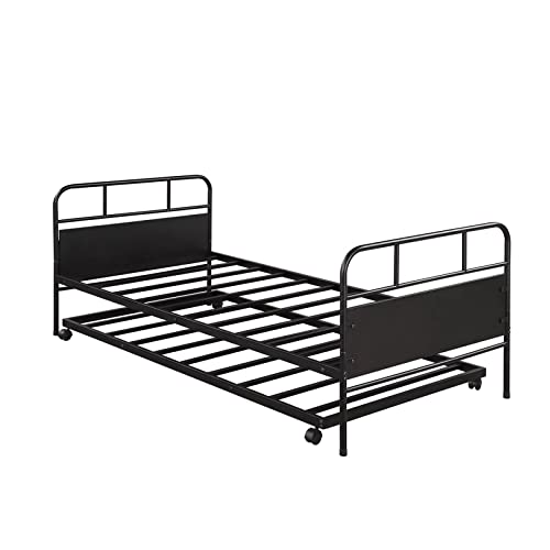 Epinki Metal Daybed Platform Bed Frame with Trundle Built-in Casters, Twin Size, Black, Easy Assembly