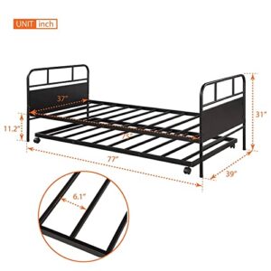 Epinki Metal Daybed Platform Bed Frame with Trundle Built-in Casters, Twin Size, Black, Easy Assembly