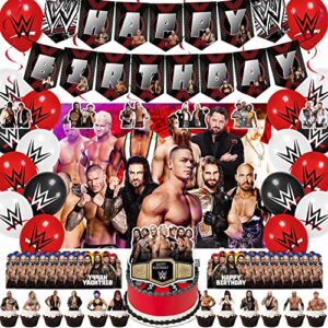 wrestling birthday party decorations, wrestling party supplies set include banners, cake topper, cupcake toppers, balloons, hanging swirls, invitation cards, background, boxing match birthday party decorations for boys