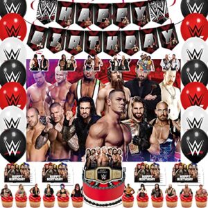 Wrestling Birthday Party Decorations, Wrestling Party Supplies Set Include Banners, Cake Topper, Cupcake Toppers, Balloons, Hanging Swirls, Invitation Cards, Background, Boxing Match Birthday Party Decorations for Boys