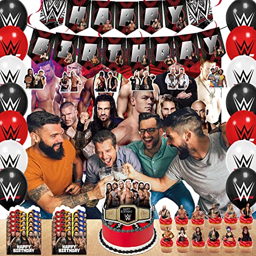 Wrestling Birthday Party Decorations, Wrestling Party Supplies Set Include Banners, Cake Topper, Cupcake Toppers, Balloons, Hanging Swirls, Invitation Cards, Background, Boxing Match Birthday Party Decorations for Boys