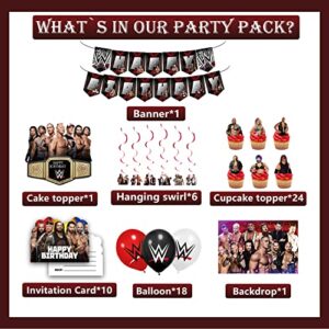 Wrestling Birthday Party Decorations, Wrestling Party Supplies Set Include Banners, Cake Topper, Cupcake Toppers, Balloons, Hanging Swirls, Invitation Cards, Background, Boxing Match Birthday Party Decorations for Boys