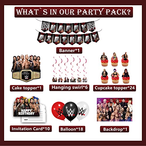 Wrestling Birthday Party Decorations, Wrestling Party Supplies Set Include Banners, Cake Topper, Cupcake Toppers, Balloons, Hanging Swirls, Invitation Cards, Background, Boxing Match Birthday Party Decorations for Boys