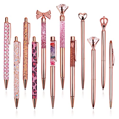 12 Pcs Rose Gold Ballpoint Pen Set Metal Crystal Diamond Pen Liquid Sand Glitter Pen for Journaling Black Ink Retractable Crystal Glitter Fancy Pens Gifts for Women School Wedding Office Home Supplies