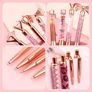 12 Pcs Rose Gold Ballpoint Pen Set Metal Crystal Diamond Pen Liquid Sand Glitter Pen for Journaling Black Ink Retractable Crystal Glitter Fancy Pens Gifts for Women School Wedding Office Home Supplies