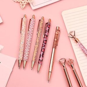 12 Pcs Rose Gold Ballpoint Pen Set Metal Crystal Diamond Pen Liquid Sand Glitter Pen for Journaling Black Ink Retractable Crystal Glitter Fancy Pens Gifts for Women School Wedding Office Home Supplies