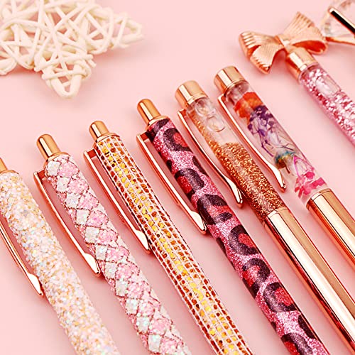 12 Pcs Rose Gold Ballpoint Pen Set Metal Crystal Diamond Pen Liquid Sand Glitter Pen for Journaling Black Ink Retractable Crystal Glitter Fancy Pens Gifts for Women School Wedding Office Home Supplies