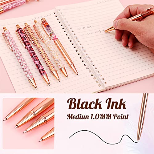 12 Pcs Rose Gold Ballpoint Pen Set Metal Crystal Diamond Pen Liquid Sand Glitter Pen for Journaling Black Ink Retractable Crystal Glitter Fancy Pens Gifts for Women School Wedding Office Home Supplies