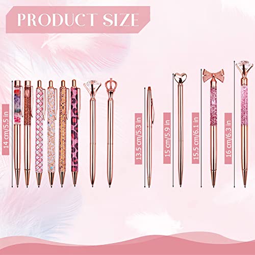 12 Pcs Rose Gold Ballpoint Pen Set Metal Crystal Diamond Pen Liquid Sand Glitter Pen for Journaling Black Ink Retractable Crystal Glitter Fancy Pens Gifts for Women School Wedding Office Home Supplies