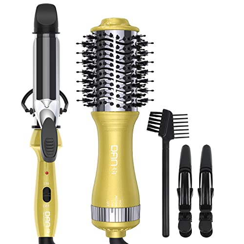 Travel Size Hair Blow Dryer Brush & 1 Inch Mini Curling Wand Set, Hot Air Brush with 3 Temperature Settings & Travel Curling Iron Set for Drying, Styling, Curling, Volumizing