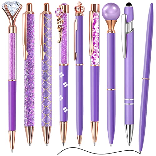 Airevesket 9Pcs Purple Pens Set, Ballpoint Pens Set, Metal Crystal Diamond Pen, Black Ink Ballpoint Cute Pens Set, Purple Gifts for Women Girls Office Wedding Supplies (Purple)