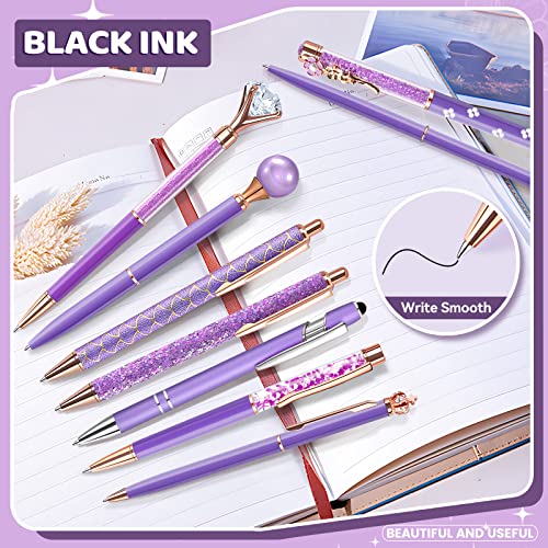 Airevesket 9Pcs Purple Pens Set, Ballpoint Pens Set, Metal Crystal Diamond Pen, Black Ink Ballpoint Cute Pens Set, Purple Gifts for Women Girls Office Wedding Supplies (Purple)